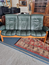 Load image into Gallery viewer, Ekornes Stressless Green Leather And Teak Three Piece Suite

