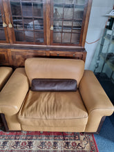 Load image into Gallery viewer, Italian tan and brown leather two seater sofa &amp; snuggle chair
