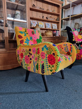 Load image into Gallery viewer, Armchair Upholstered In Yellow Velvet And Embroidered With Colourful Flowers
