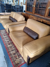 Load image into Gallery viewer, Italian tan and brown leather two seater sofa &amp; snuggle chair
