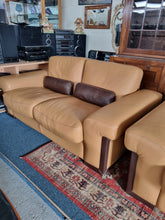 Load image into Gallery viewer, Italian tan and brown leather two seater sofa &amp; snuggle chair
