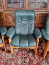 Load image into Gallery viewer, Ekornes Stressless Green Leather And Teak Three Piece Suite
