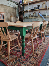 Load image into Gallery viewer, Farmhouse Scrub Top Pine Dining Table With Green Painted Legs
