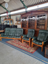 Load image into Gallery viewer, Ekornes Stressless Green Leather And Teak Three Piece Suite
