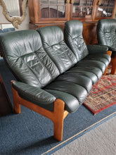 Load image into Gallery viewer, Ekornes Stressless Green Leather And Teak Three Piece Suite
