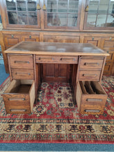 Load image into Gallery viewer, Oak Twin Pedestal Desk With Brown Leather Insert Early 20th Century
