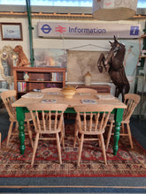 Load image into Gallery viewer, Farmhouse Scrub Top Pine Dining Table With Green Painted Legs
