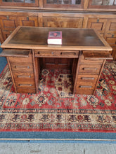 Load image into Gallery viewer, Oak Twin Pedestal Desk With Brown Leather Insert Early 20th Century
