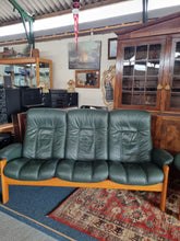 Load image into Gallery viewer, Ekornes Stressless Green Leather And Teak Three Piece Suite
