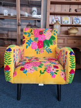 Load image into Gallery viewer, Armchair Upholstered In Yellow Velvet And Embroidered With Colourful Flowers
