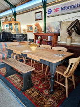 Load image into Gallery viewer, Farmhouse Vintage Scrub Top Pine Dining Table With Painted Legs And Two Drawers
