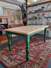 Load image into Gallery viewer, Farmhouse Scrub Top Pine Dining Table With Green Painted Legs

