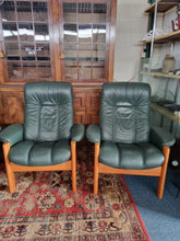 Load image into Gallery viewer, Ekornes Stressless Green Leather And Teak Three Piece Suite
