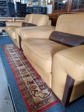 Load image into Gallery viewer, Italian tan and brown leather two seater sofa &amp; snuggle chair
