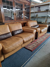 Load image into Gallery viewer, Italian tan and brown leather two seater sofa &amp; snuggle chair
