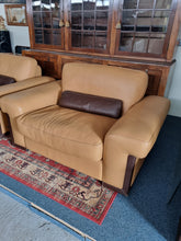 Load image into Gallery viewer, Italian tan and brown leather two seater sofa &amp; snuggle chair
