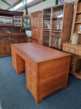 Load image into Gallery viewer, Oak Twin Pedestal Writing Desk
