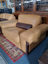Load image into Gallery viewer, Italian tan and brown leather two seater sofa &amp; snuggle chair
