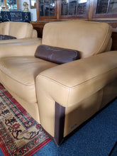 Load image into Gallery viewer, Italian tan and brown leather two seater sofa &amp; snuggle chair
