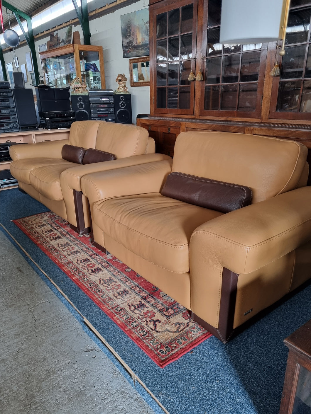 Italian tan and brown leather two seater sofa & snuggle chair