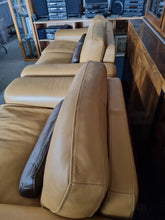 Load image into Gallery viewer, Italian tan and brown leather two seater sofa &amp; snuggle chair
