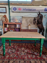 Load image into Gallery viewer, Farmhouse Scrub Top Pine Dining Table With Green Painted Legs
