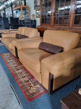 Load image into Gallery viewer, Italian tan and brown leather two seater sofa &amp; snuggle chair
