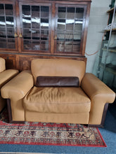 Load image into Gallery viewer, Italian tan and brown leather two seater sofa &amp; snuggle chair
