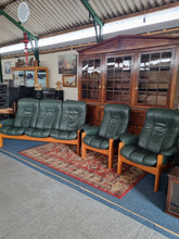 Load image into Gallery viewer, Ekornes Stressless Green Leather And Teak Three Piece Suite
