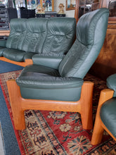 Load image into Gallery viewer, Ekornes Stressless Green Leather And Teak Three Piece Suite
