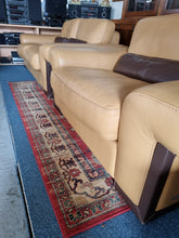 Load image into Gallery viewer, Italian tan and brown leather two seater sofa &amp; snuggle chair
