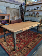 Load image into Gallery viewer, Farmhouse Vintage Scrub Top Pine Dining Table With Painted Legs And Two Drawers
