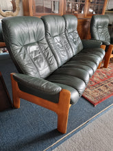 Load image into Gallery viewer, Ekornes Stressless Green Leather And Teak Three Piece Suite
