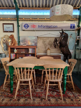 Load image into Gallery viewer, Farmhouse Scrub Top Pine Dining Table With Green Painted Legs
