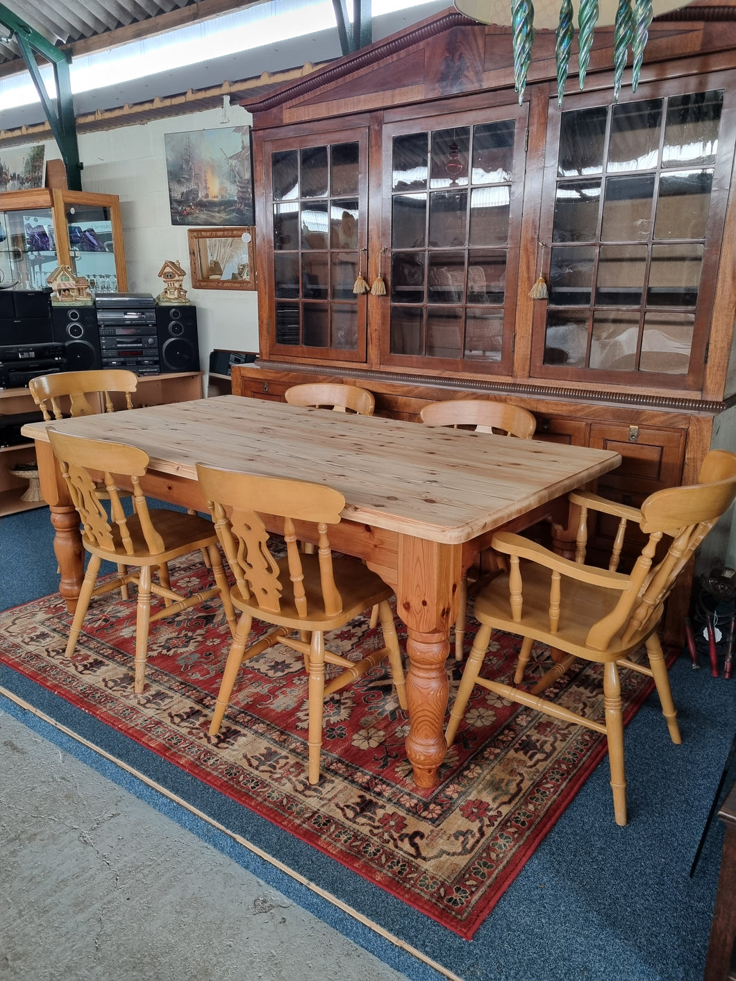 Pine Farmhouse Scrub Top Kitchen Dining Table & Six Dining Chairs