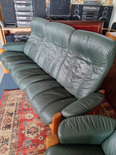 Load image into Gallery viewer, Ekornes Stressless Green Leather And Teak Three Piece Suite
