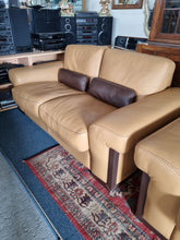 Load image into Gallery viewer, Italian tan and brown leather two seater sofa &amp; snuggle chair
