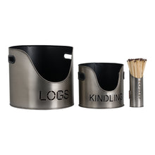 Load image into Gallery viewer, Pewter Finish Logs And Kindling Buckets &amp; Matchstick Holder
