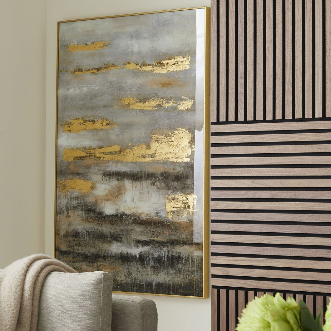 Large Abstract Grey And Gold Glass Image With Gold Frame