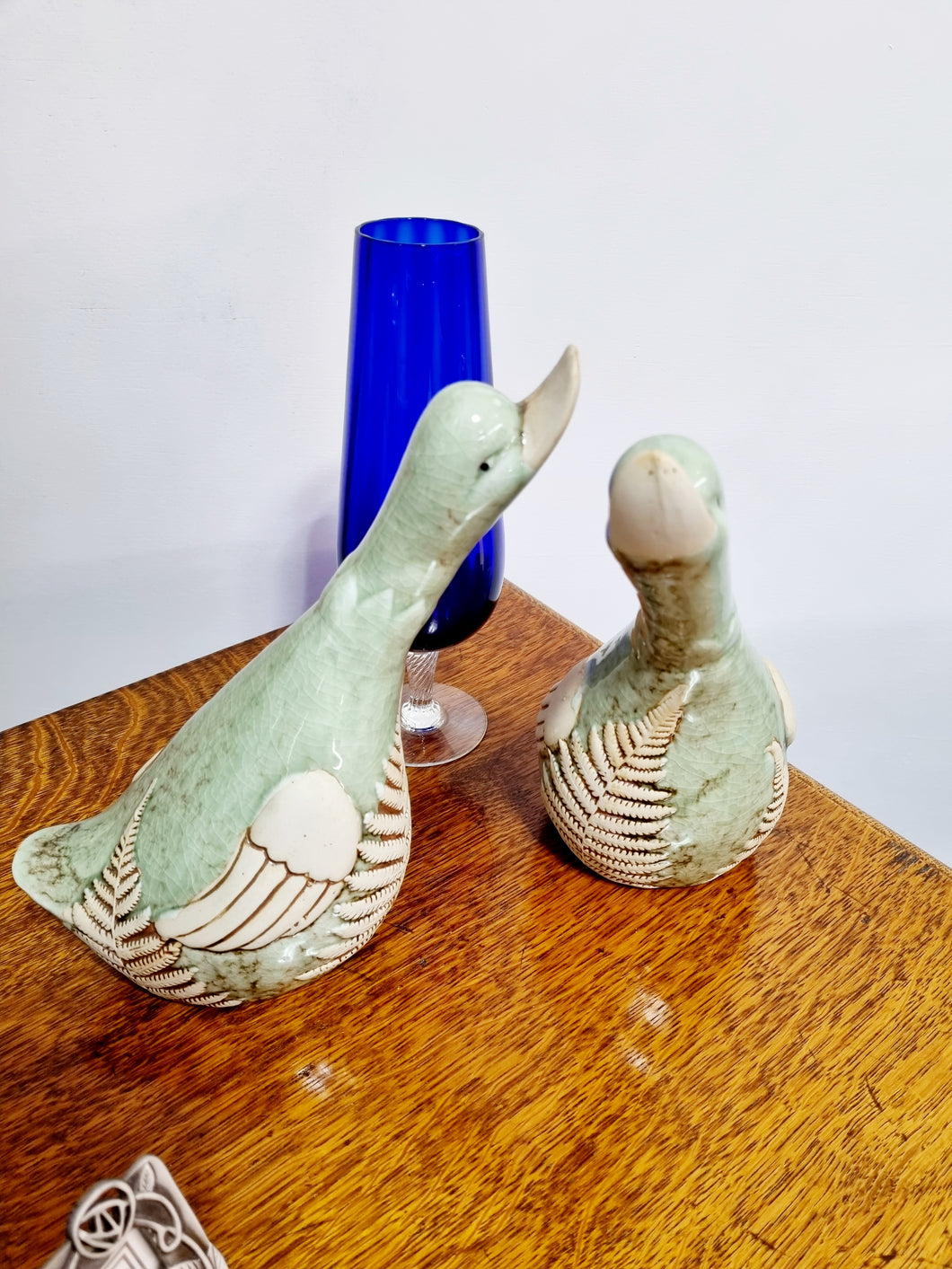 Pair of Celadon Glazed Mid Century Ducks - Charlotte Rose Interiors