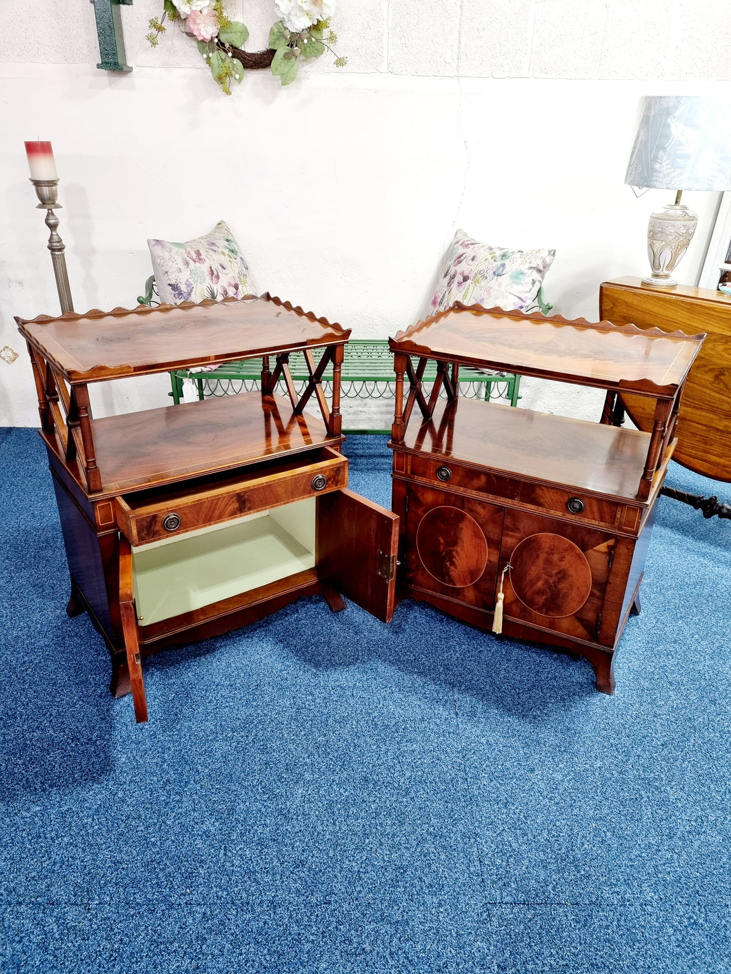Pair Of Regency Style Inlaid Mahogany And Yew Wood Etageres