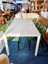 Load image into Gallery viewer, White Extending Dining Table In Metal And Glass With Six Green Perspex Dining Chairs

