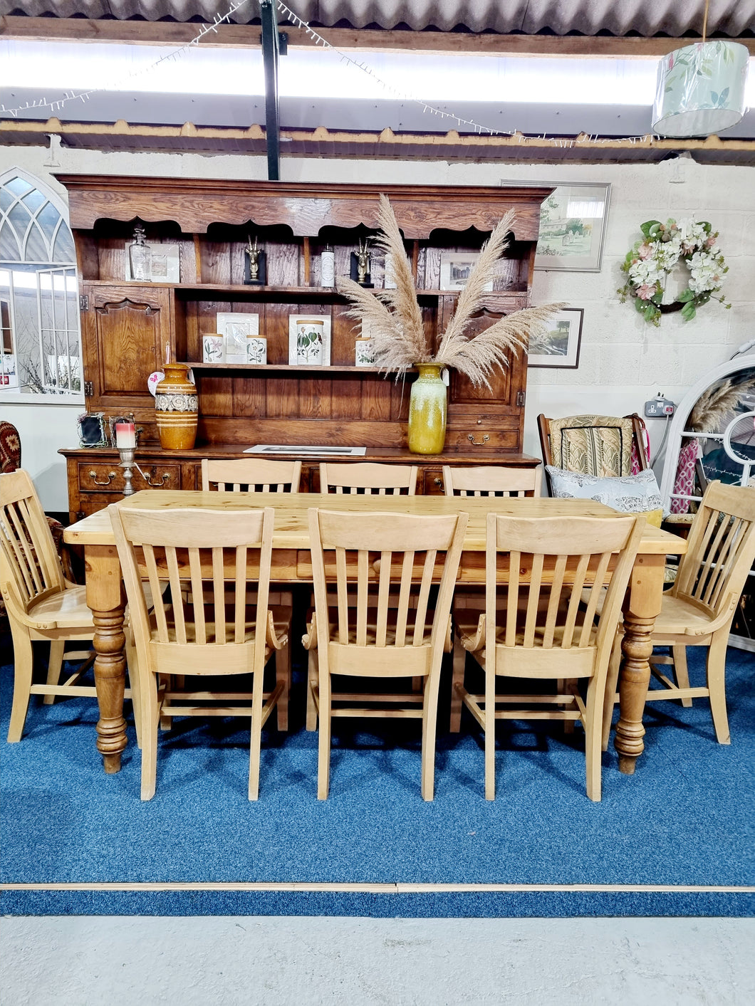 Farmhouse Plank Top Solid Pine Table With Eight Elm Dining Chairs