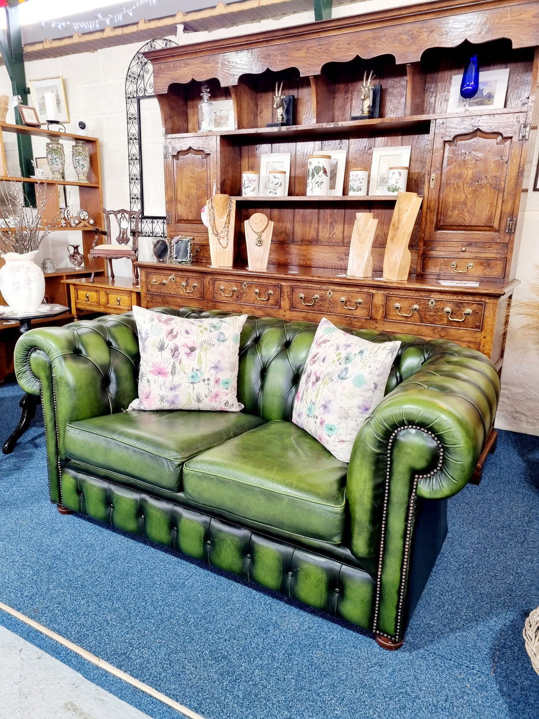 Lovely Antique Green Genuine Leather Chesterfield Sofa