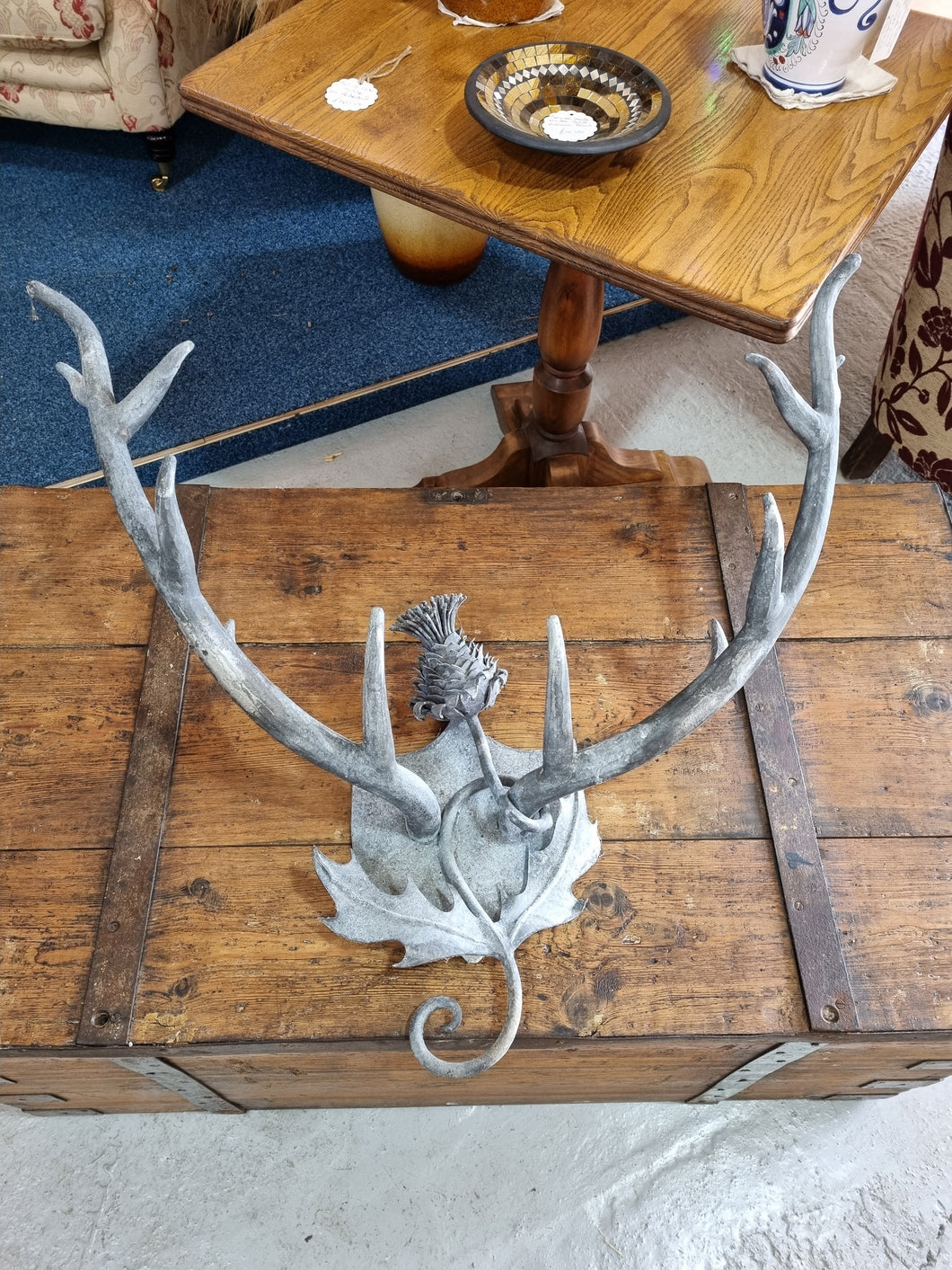 Handmade Commission Piece By K. Paxton Blacksmith Wall Mounted Antlers With Thistle