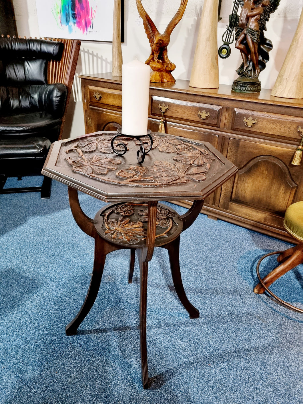 Heavily Carved Ebonised Side Table