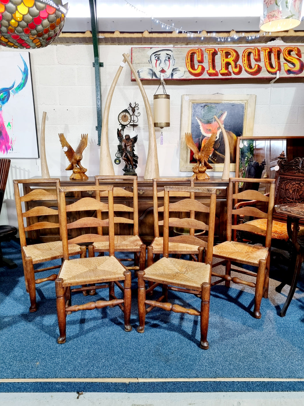 Set Of Six Lancashire Ash & Elm dining Chairs With Rush Seats