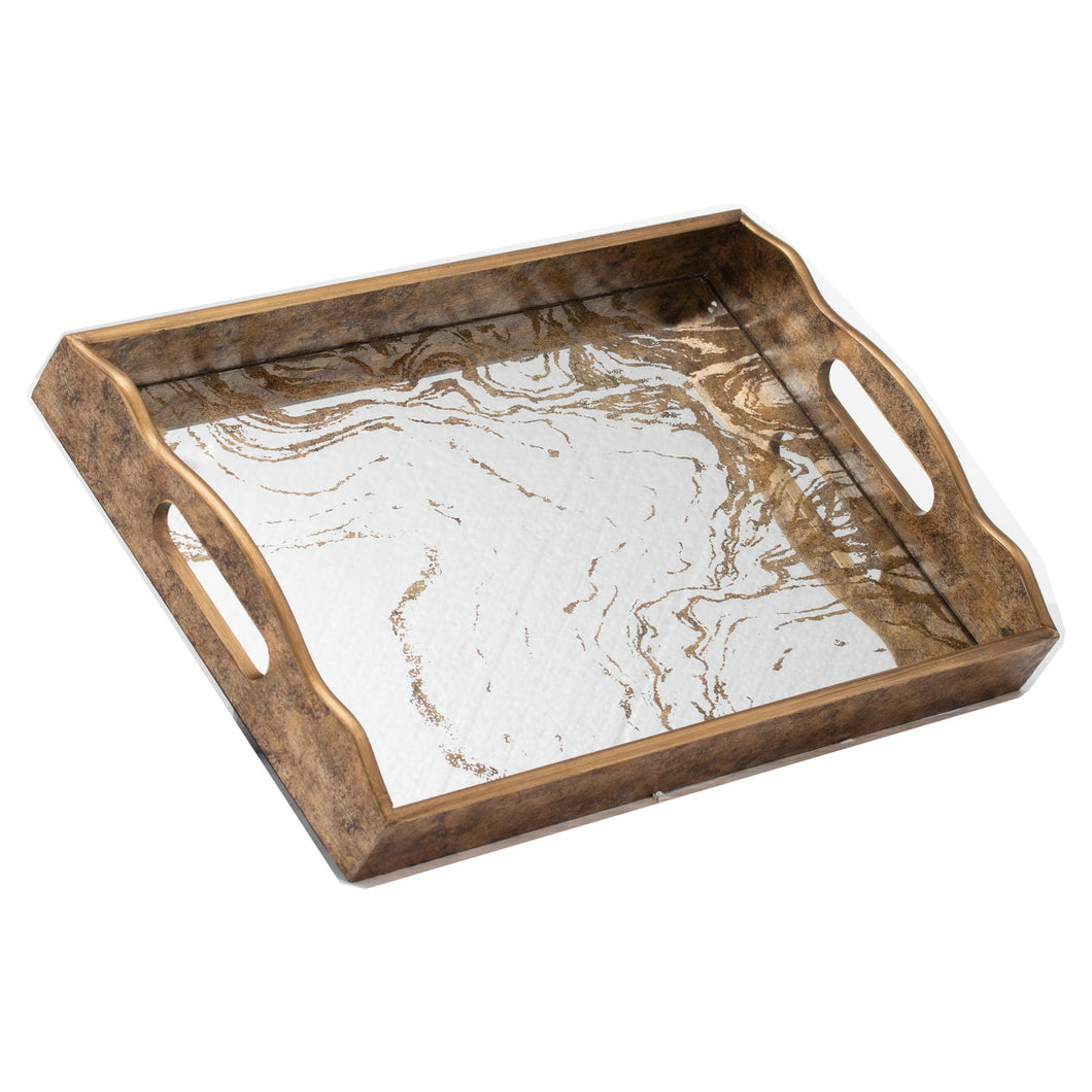 Augustus Large Mirrored Tray With Marbling Effect