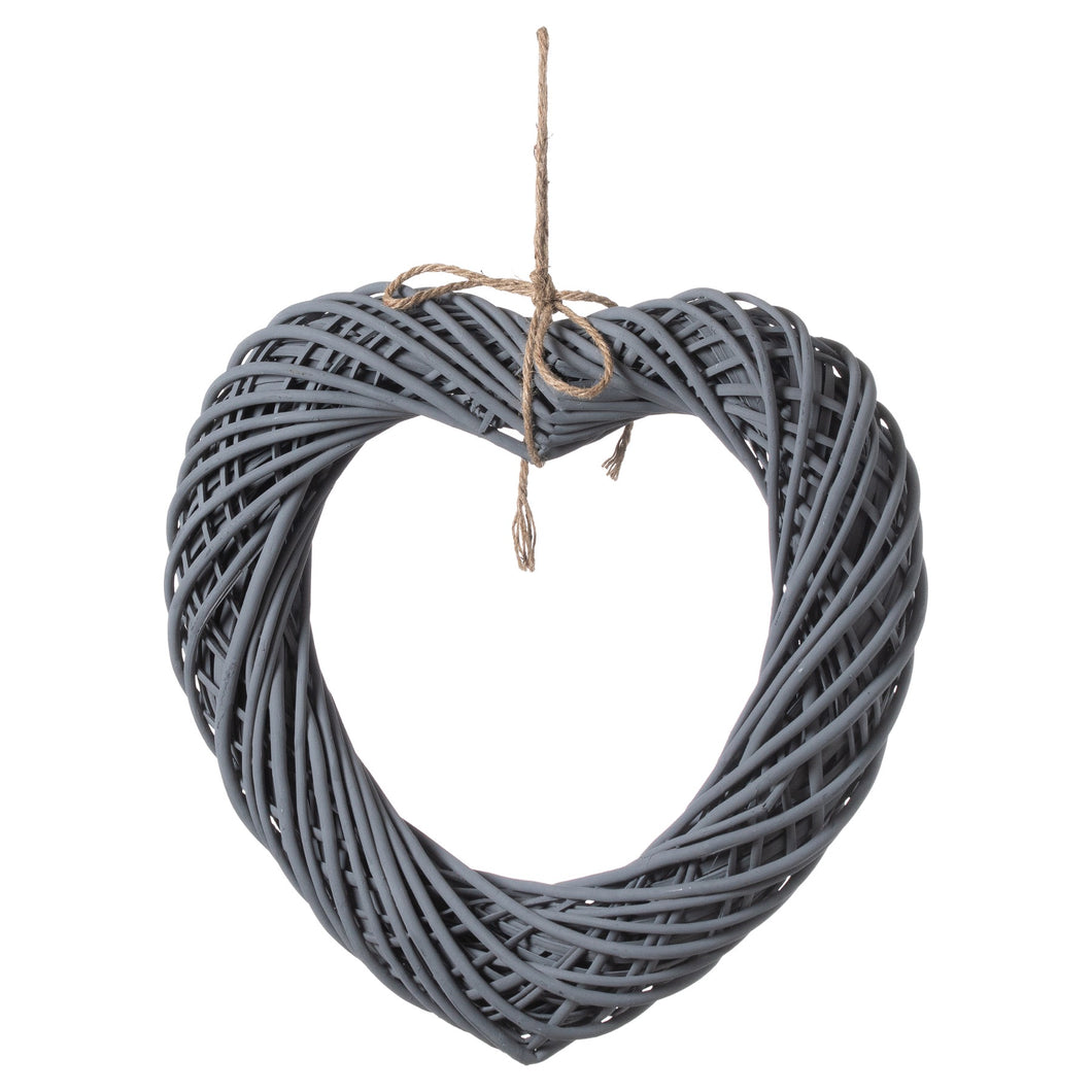 Grey Large Wicker Hanging Heart With Rope Detail