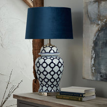 Load image into Gallery viewer, Acanthus Blue And White Ceramic Lamp With Blue Velvet Shade
